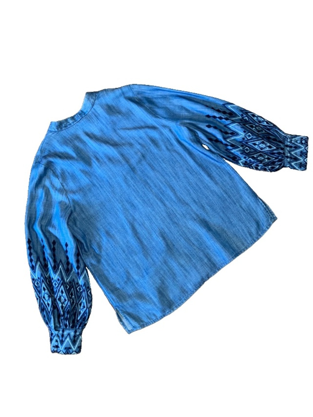 Chico’s Tunic L/12/2 Blouse Chambray Embroidered Puff Sleeves V-Neck Artsy Boho. - Picture 3 of 12